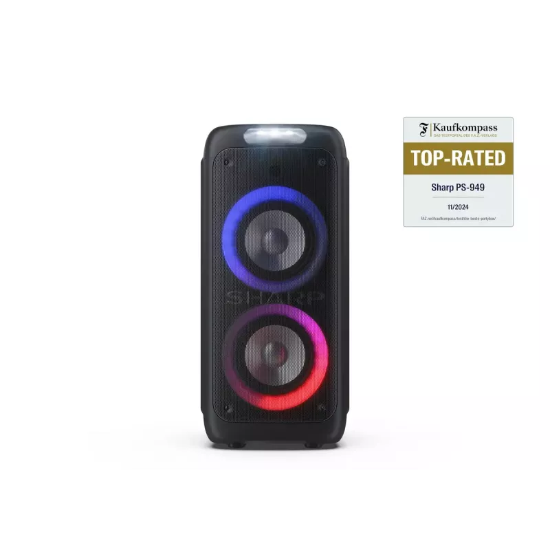 Ballīšu skaļrunis Sharp PS-949 — 2.1 kanāli, 132 W PMPO, 8 collu zemfrekvences skaļrunis, Bluetooth A2DP/AVRCP, vadu un bezvadu, melna, plastmasas korpuss