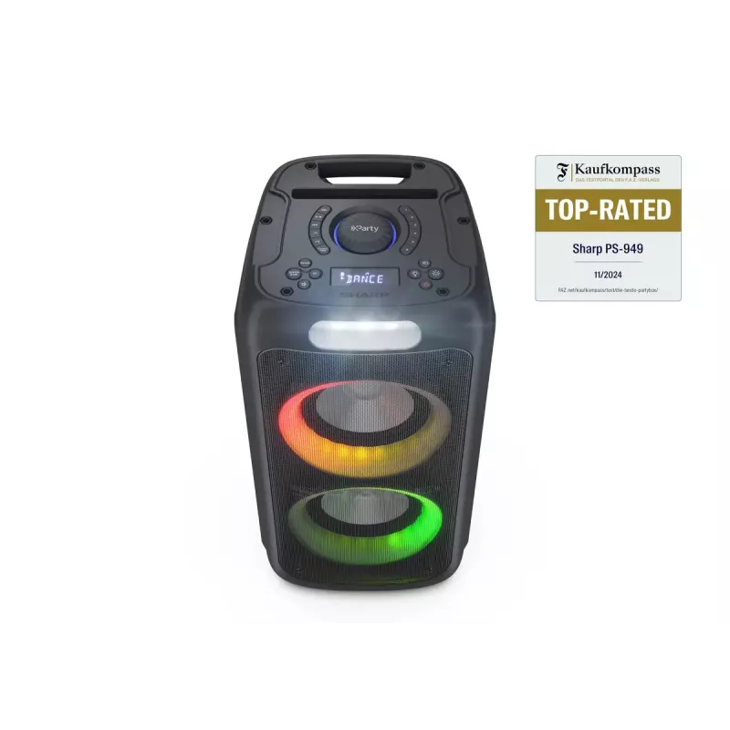 Ballīšu skaļrunis Sharp PS-949 — 2.1 kanāli, 132 W PMPO, 8 collu zemfrekvences skaļrunis, Bluetooth A2DP/AVRCP, vadu un bezvadu, melna, plastmasas korpuss