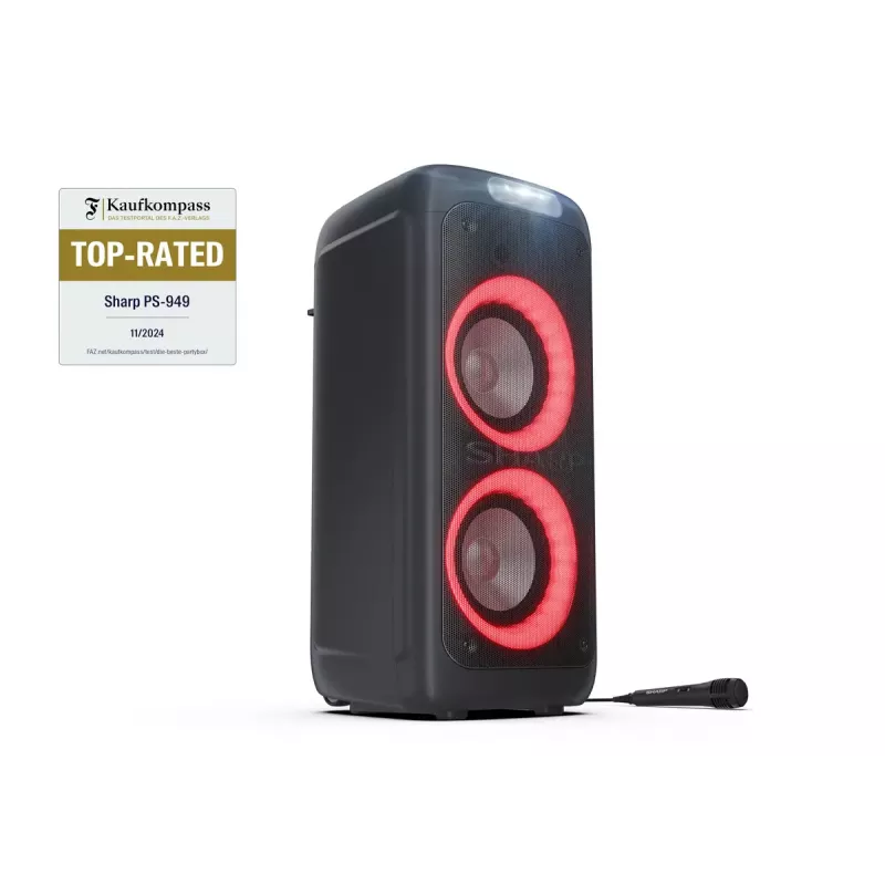 Ballīšu skaļrunis Sharp PS-949 — 2.1 kanāli, 132 W PMPO, 8 collu zemfrekvences skaļrunis, Bluetooth A2DP/AVRCP, vadu un bezvadu, melna, plastmasas korpuss