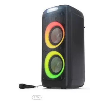 Ballīšu skaļrunis Sharp PS-949 — 2.1 kanāli, 132 W PMPO, 8 collu zemfrekvences skaļrunis, Bluetooth A2DP/AVRCP, vadu un bezvadu, melna, plastmasas korpuss