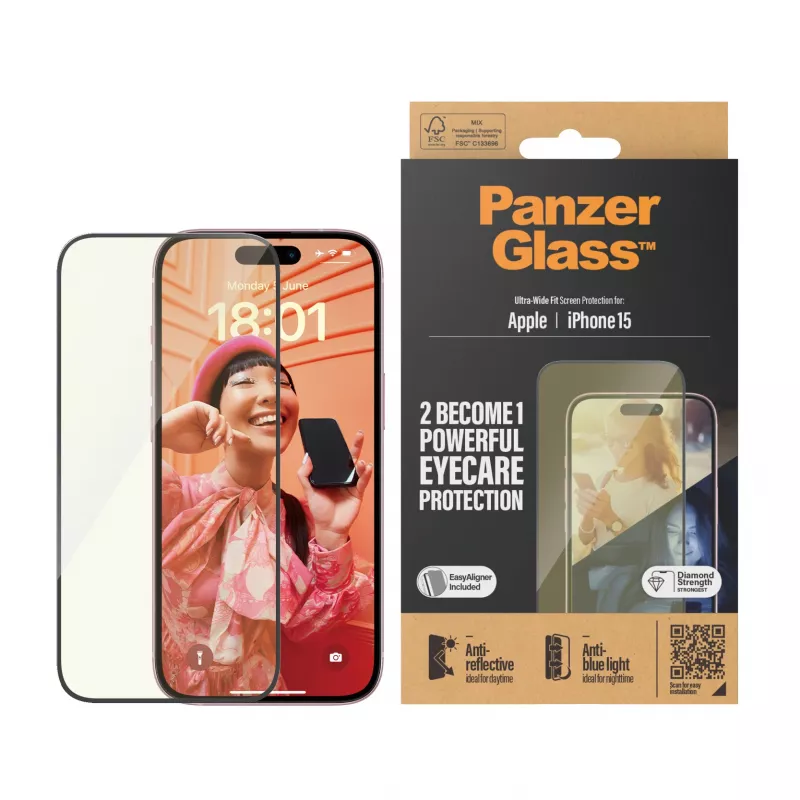 PanzerGlass ® EyeCARE™ Ekrāna aizsargs iPhone 15 | Ultra-Wide Fit ar EasyAligner