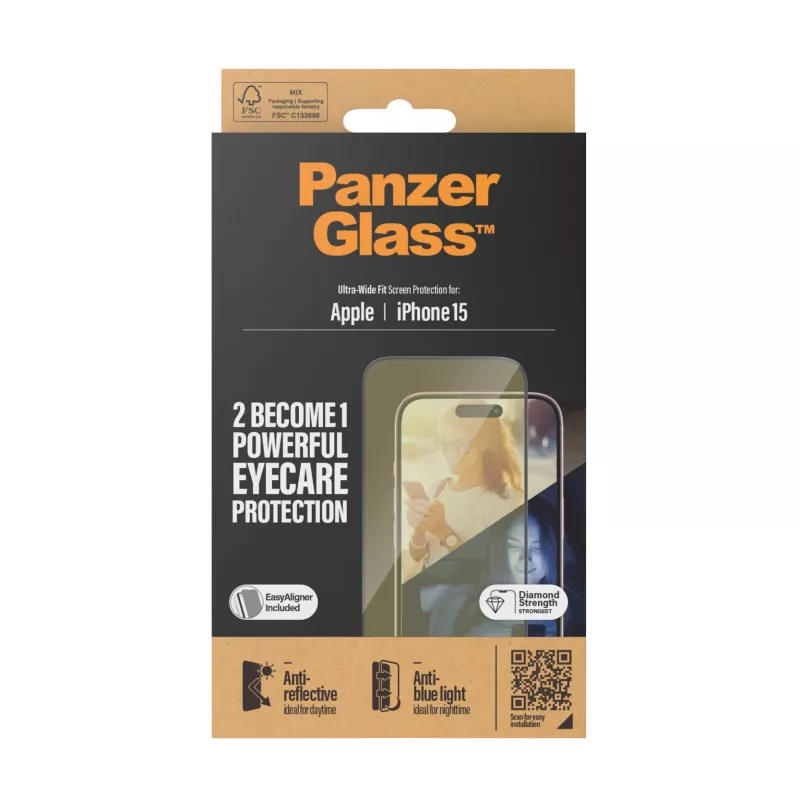 PanzerGlass ® EyeCARE™ Ekrāna aizsargs iPhone 15 | Ultra-Wide Fit ar EasyAligner