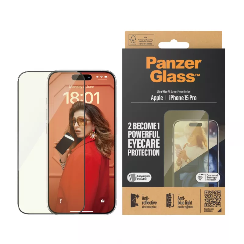 PanzerGlass ® EyeCARE™ Ekrāna aizsardzība iPhone 15 Pro | Īpaši plata pielāgošanās ar EasyAligner