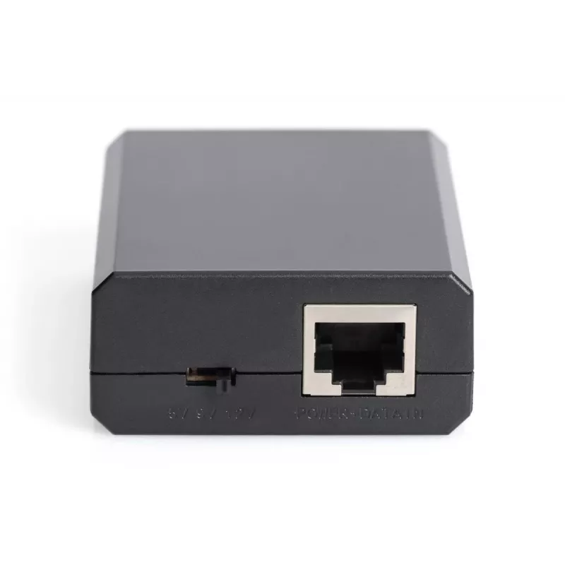 DIGITUS Gigabit PoE+ sadalītājs, 10/100/1000 Mbps, 24 W ieeja: 802.3at PoE, izeja: 5V/2A, 9V/2A, 12V/2A, plastmasas korpuss, melns