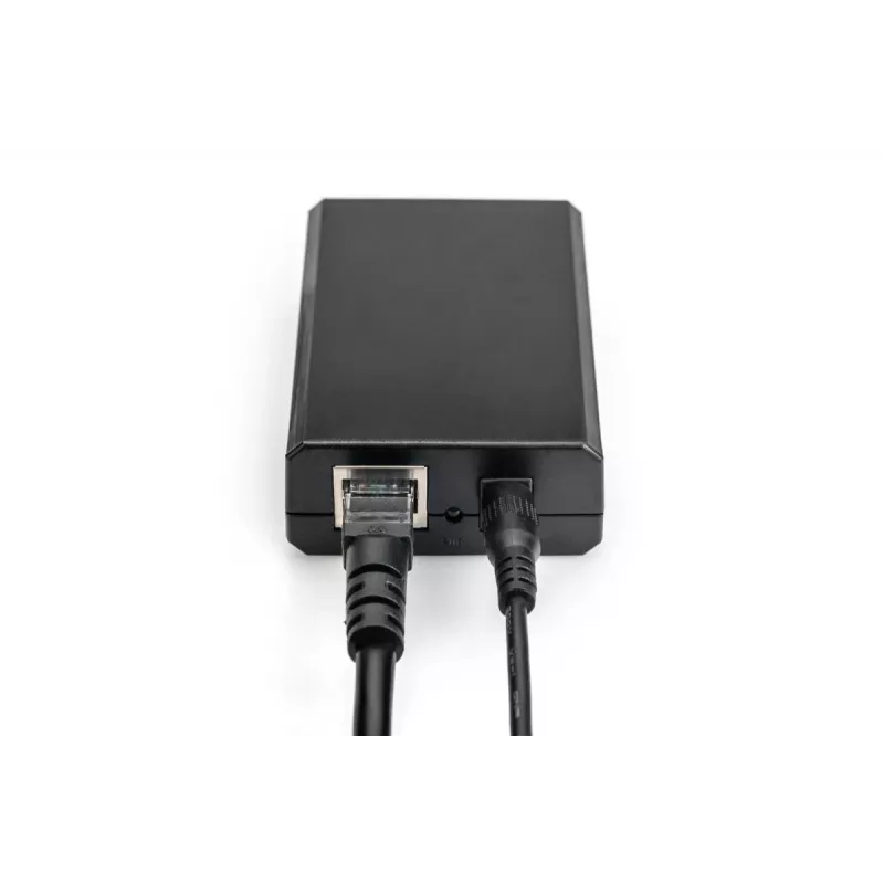 DIGITUS Gigabit PoE+ sadalītājs, 10/100/1000 Mbps, 24 W ieeja: 802.3at PoE, izeja: 5V/2A, 9V/2A, 12V/2A, plastmasas korpuss, melns
