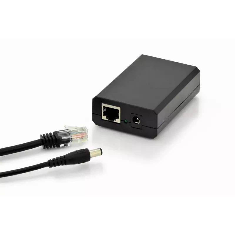 DIGITUS Gigabit PoE+ sadalītājs, 10/100/1000 Mbps, 24 W ieeja: 802.3at PoE, izeja: 5V/2A, 9V/2A, 12V/2A, plastmasas korpuss, melns