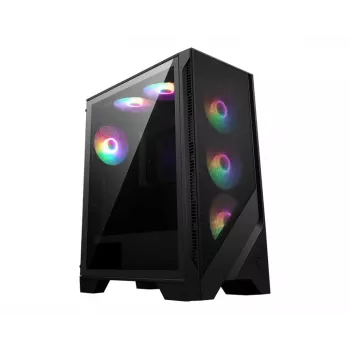 PC korpuss MSI MAG FORGE 120A AIRFLOW Midi Tower — Melns, rūdīts stikls, siets, 3×120mm priekšējie ventilatori, 2×120mm augšējie ventilatori, ATX atbalsts