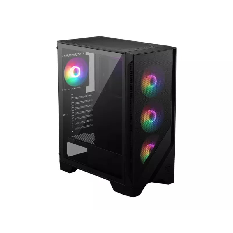 PC korpuss MSI MAG FORGE 120A AIRFLOW Midi Tower — Melns, rūdīts stikls, siets, 3×120mm priekšējie ventilatori, 2×120mm augšējie ventilatori, ATX atbalsts