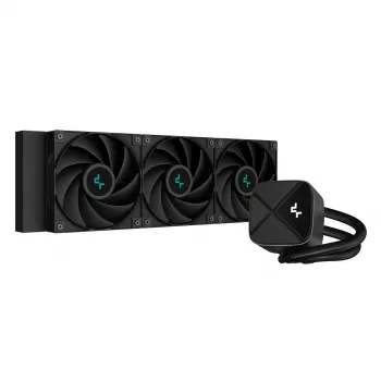 Viss vienā šķidruma dzesētājs DeepCool LS720S Zero Dark — 3×120 mm ventilatori, 360 mm radiators, 41 cm caurules, 6 W sūknis, LGA1151/AM4/AM5 atbalsts, melns