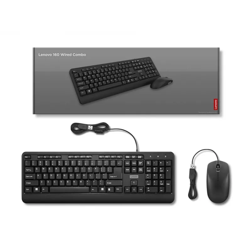 Lenovo 160 tastatūra, pele komplektā, mājai/birojam, USB, ASV angļu, melna