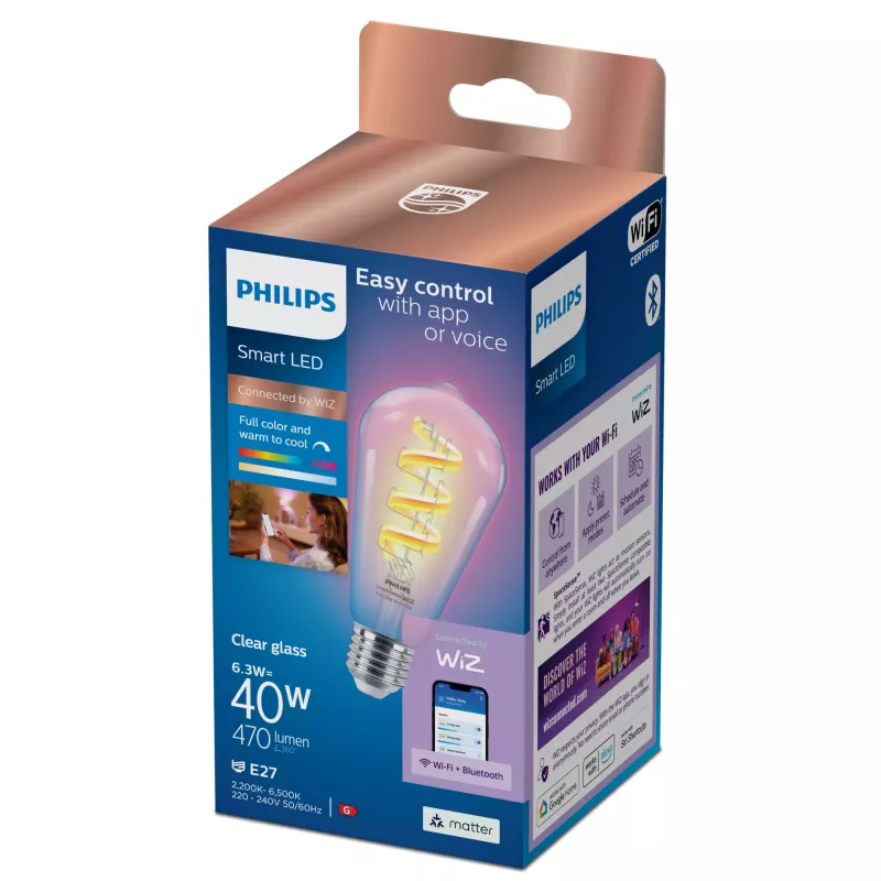 Philips Filament Clear 40 W ST64 E27, viedā spuldze, Wi-Fi/Bluetooth, caurspīdīga, Wi-Fi 4 (802.11n), 802.11b, 802.11g, LED, E27