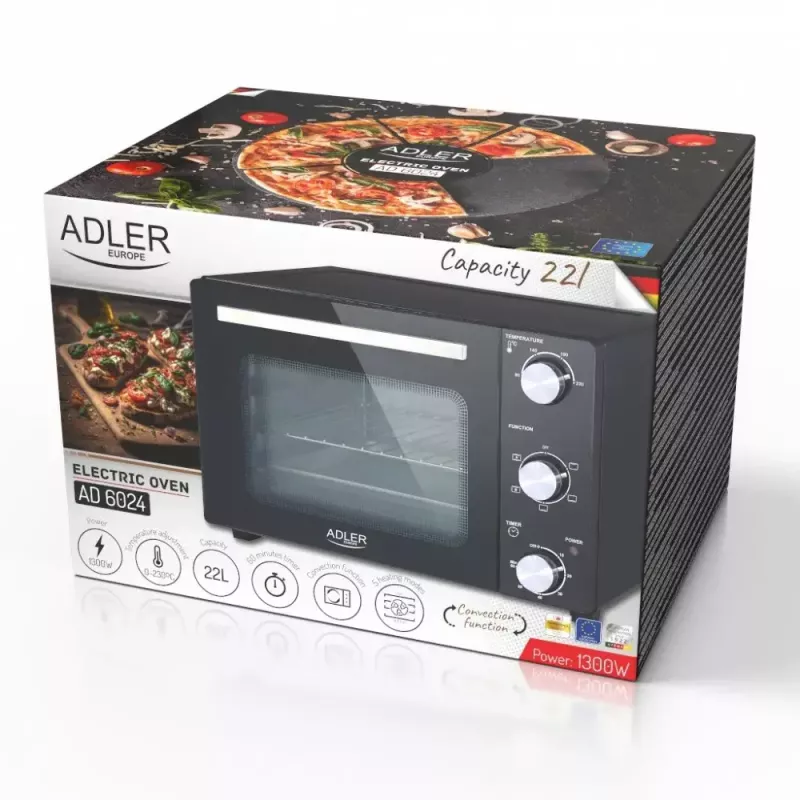 Electric countertop oven Adler AD 6024 — compact 22 L capacity, 1300 W, Melns