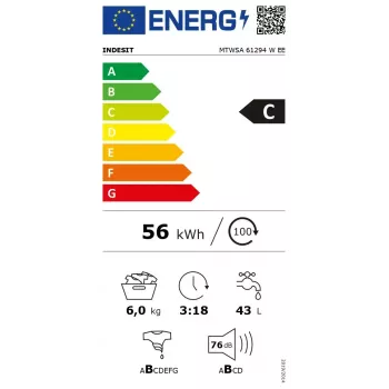 Priekšpusē ielādējama veļas mazgājamā mašīna INDESIT MTWSA 61294 W EE, 6 kg, invertora motors, energoklase C