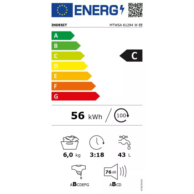 Priekšpusē ielādējama veļas mazgājamā mašīna INDESIT MTWSA 61294 W EE, 6 kg, invertora motors, energoklase C