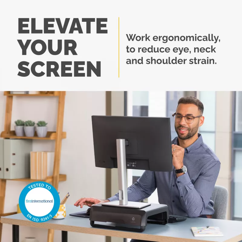 Fellowes datora monitora statīvs ar 3 augstuma regulējumiem - Breyta monitora paaugstinājums ar kabeļu pārvaldību - ergonomisks regulējams monitora statīvs datoriem - maks. svars 15 kg - melns