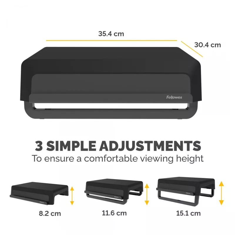 Fellowes datora monitora statīvs ar 3 augstuma regulējumiem - Breyta monitora paaugstinājums ar kabeļu pārvaldību - ergonomisks regulējams monitora statīvs datoriem - maks. svars 15 kg - melns
