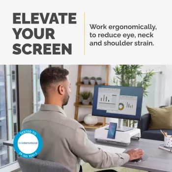 Fellowes datora monitora statīvs ar 3 augstuma regulēšanas iespējām - Breyta monitora pacēlājs ar kabeļu pārvaldību - ergonomisks regulējams monitora statīvs datoriem - maks. svars 15 kg - balts