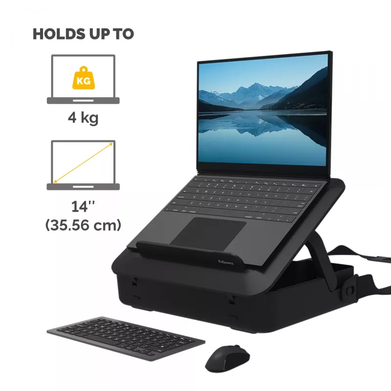 Fellowes klēpjdatora pārnēsājamā soma ar iebūvētu klēpjdatora statīvu - Breyta bloķējamā klēpjdatora pārnēsājamā soma hibrīddarbam un klēpjdatoriem līdz 14 collām/4 kg - melna