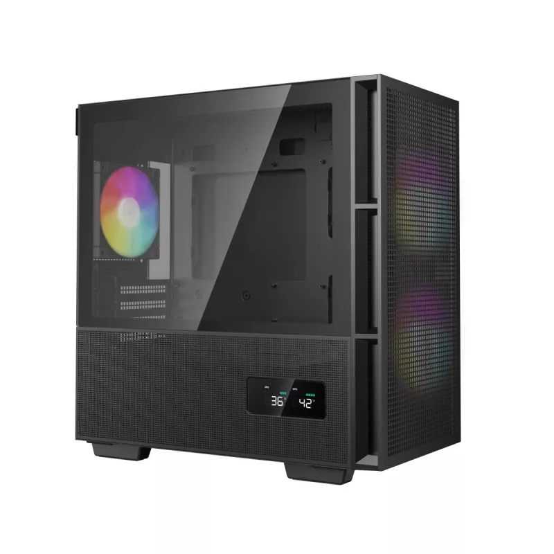 PC korpuss DeepCool CH360 DIGITAL Micro Tower, rūdīts stikls, microATX/Mini-ITX, priekšā 2x140mm, iebūvēts displejs, USB-C