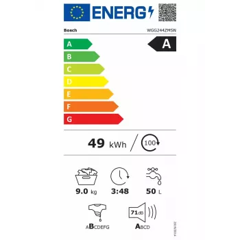 Veļas mašīna Bosch WGG244ZMSN, priekšējās ielādes 9 kg, energoefektivitātes klase A