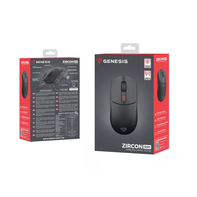 GENESIS Zircon 500 pele Gaming Labā roka RF Bezvadu + Bluetooth + USB Type-C Optiskā 10000 DPI