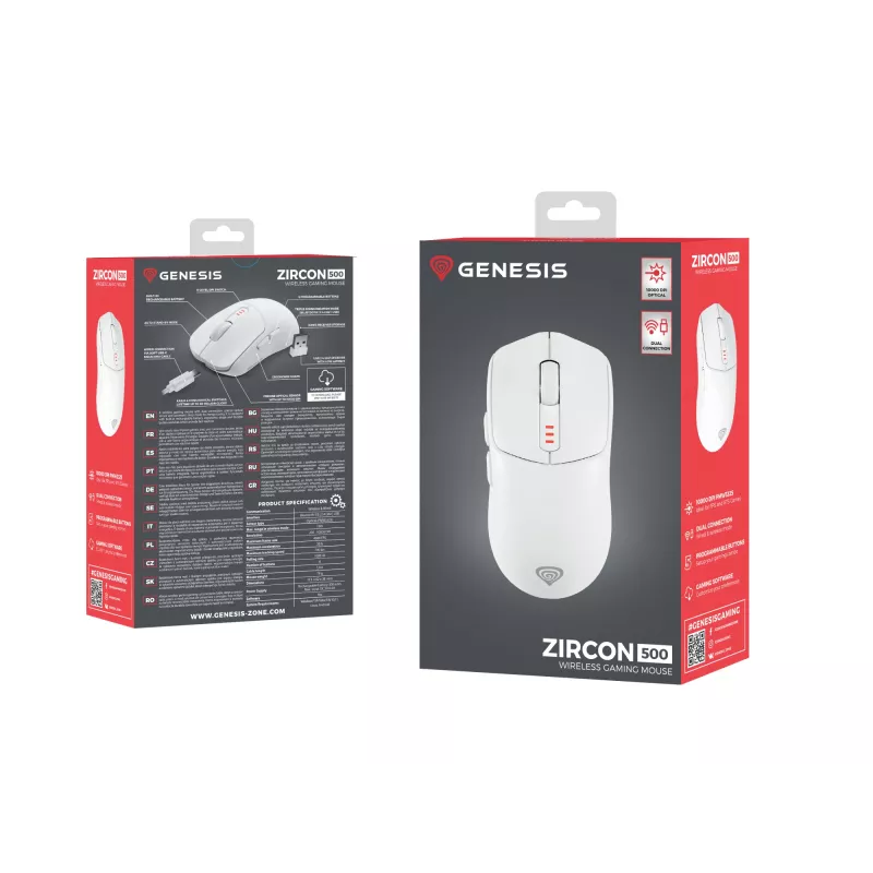 GENESIS Zircon 500 pele Gaming Labā roka RF Bezvadu + Bluetooth + USB Type-C Optiskā 10000 DPI