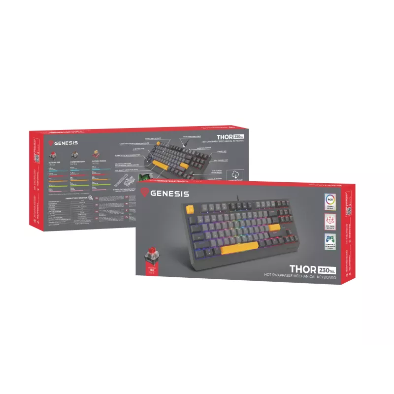 GENESIS Thor 230 TKL tastatūra Gaming USB + RF Wireless + Bluetooth QWERTY Melna, Pelēka, Oranža