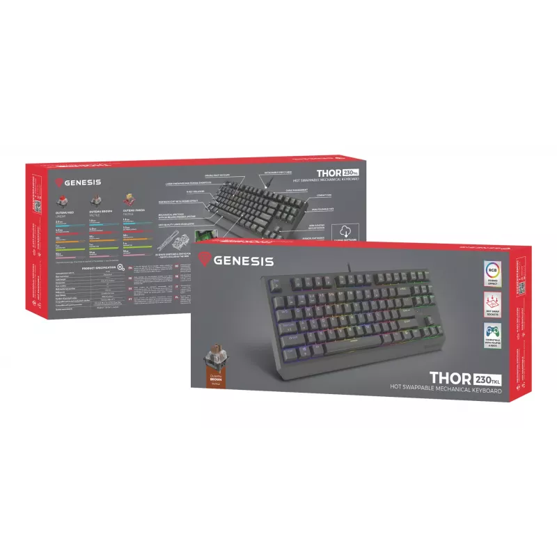 Mehāniskā spēļu tastatūra Genesis Thor 230 TKL — Tenkeyless, US QWERTY, Outemu Brown slēdži, RGB, 1000 Hz, USB