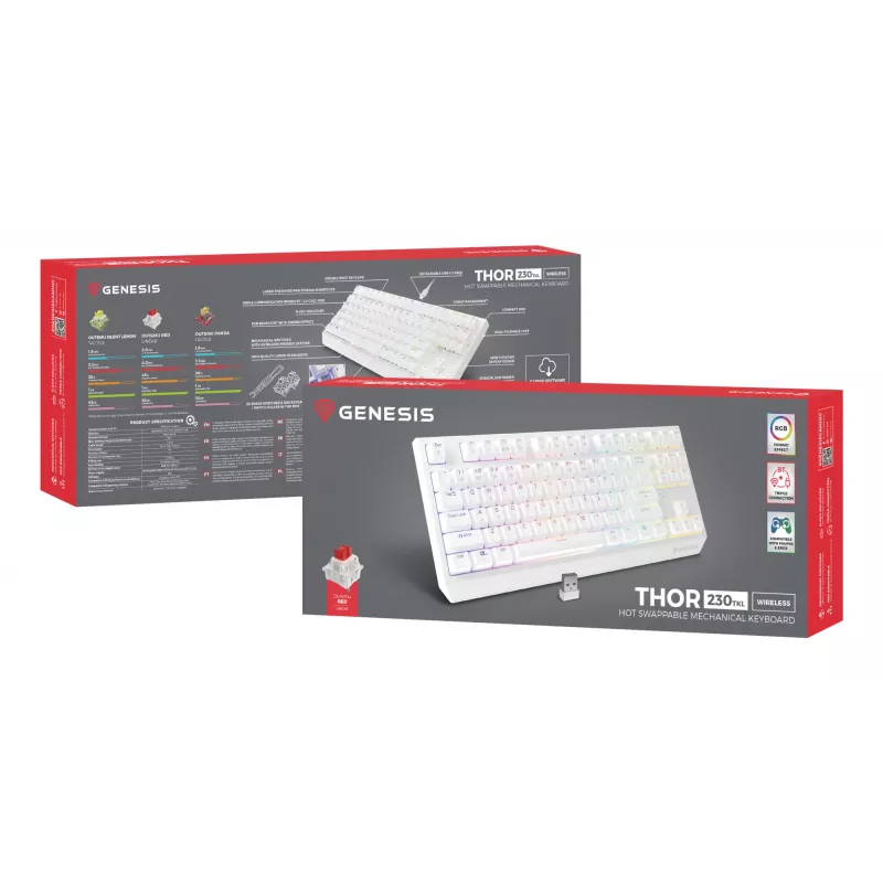 Bezvadu spēļu tastatūra GENESIS Thor 230 TKL — USB, RF Wireless, Bluetooth, QWERTY, Balta