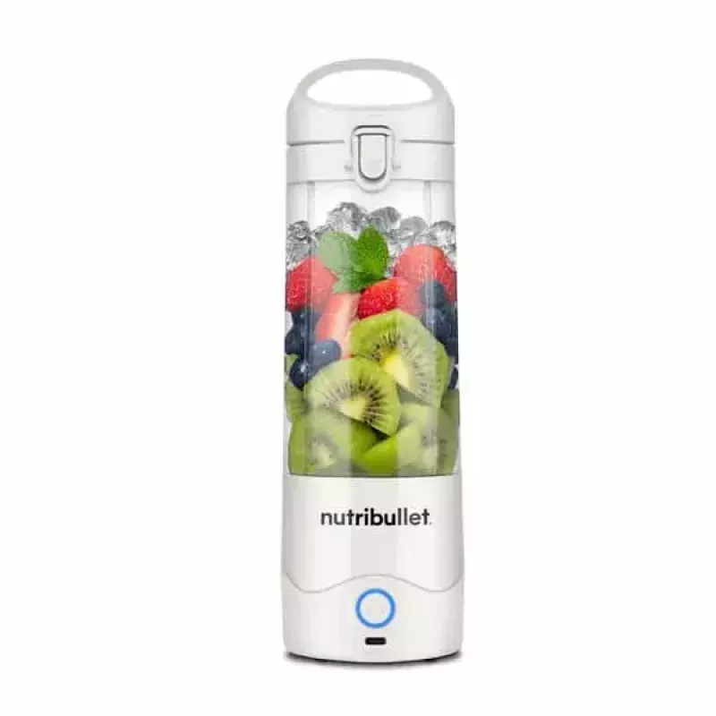 Sporta blenderis NUTRIBULLET Portable 0,475 L balts ar Tritan bļodu un nerūsējošā tērauda asmeņiem, darbināms ar baterijām