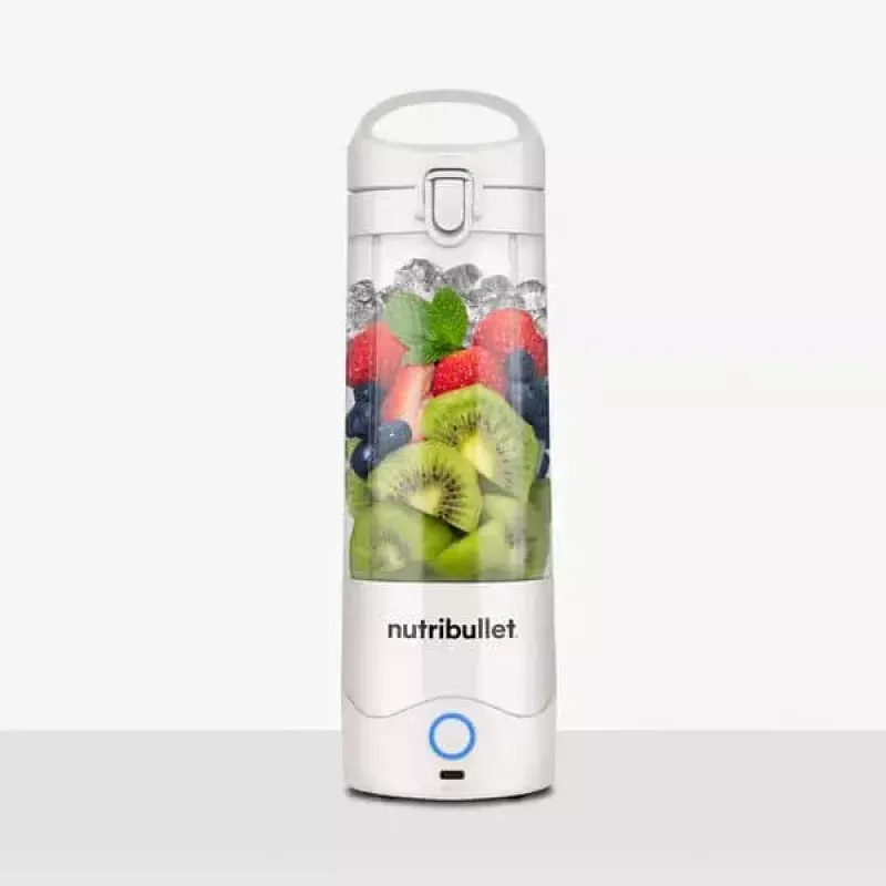 Sporta blenderis NUTRIBULLET Portable 0,475 L balts ar Tritan bļodu un nerūsējošā tērauda asmeņiem, darbināms ar baterijām