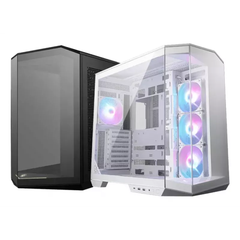 PC korpuss MSI MAG PANO 100R PZ Midi Tower balts — ATX, 380 mm GPU, 166 mm CPU dzesētājs, 8 paplašināšanas sloti, 3×2,5 collu + 2×3,5 collu, USB-A×2, USB-C×1