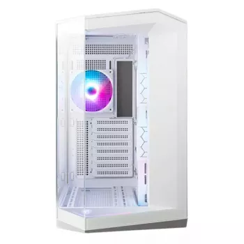 PC korpuss MSI MAG PANO 100R PZ Midi Tower balts — ATX, 380 mm GPU, 166 mm CPU dzesētājs, 8 paplašināšanas sloti, 3×2,5 collu + 2×3,5 collu, USB-A×2, USB-C×1