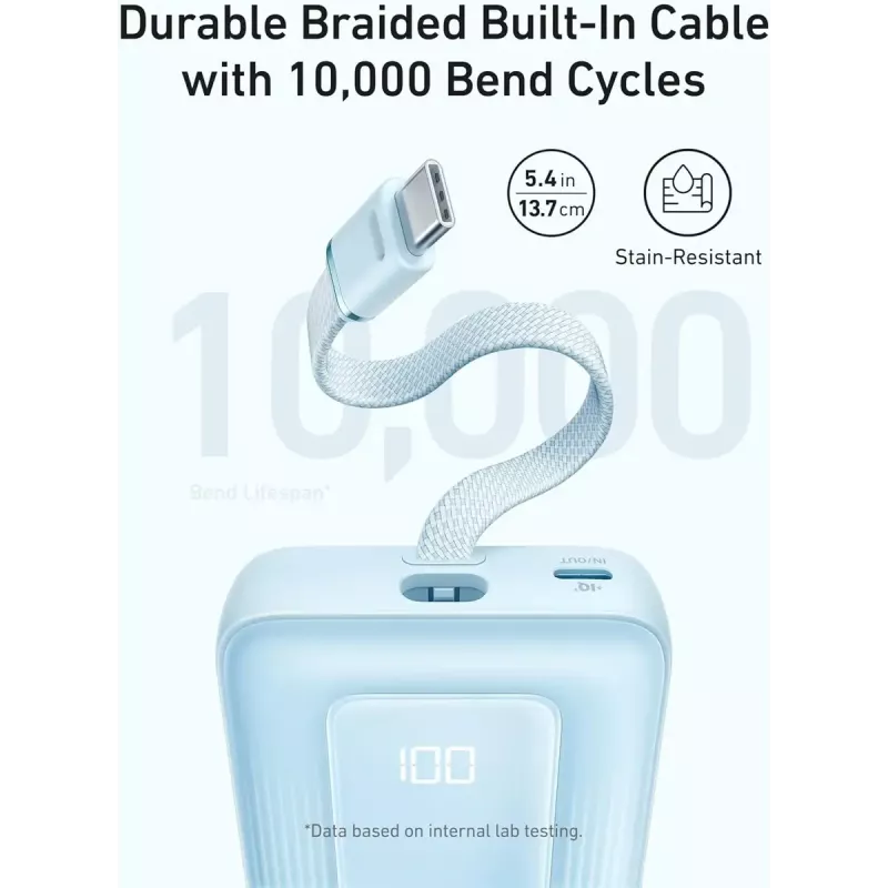 Anker Zolo 10000mAh pārnēsājams akumulators, 30W īpaši ātra uzlāde, integrēts USB-C kabelis, melns