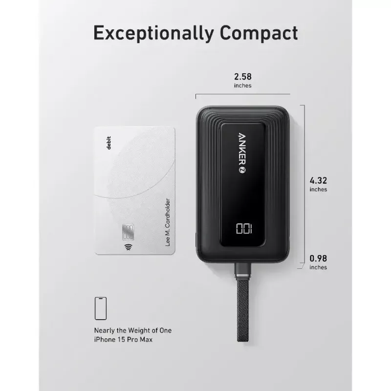 Anker Zolo 10000mAh pārnēsājams akumulators, 30W īpaši ātra uzlāde, integrēts USB-C kabelis, melns