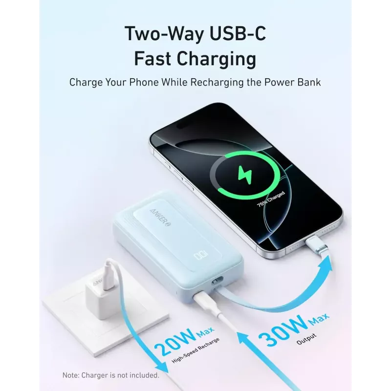 Anker Zolo 10000mAh pārnēsājams akumulators, 30W īpaši ātra uzlāde, integrēts USB-C kabelis, melns