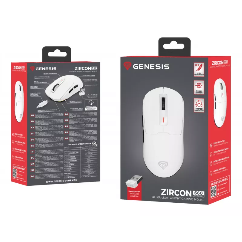 GENESIS Zircon 660 pele Gaming Labā roka RF Bezvadu + Bluetooth + USB Type-A Optiskā 12000 DPI