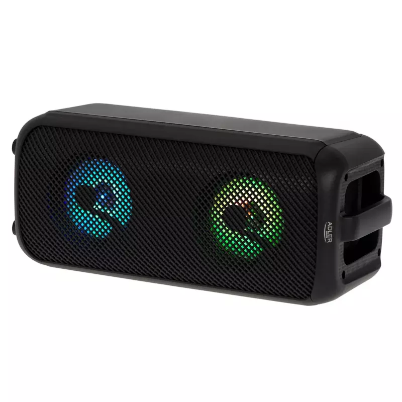 Pārnēsājams skaļrunis Adler AD 1903, 2×5 W, Bluetooth, FM radio, LED, 1500 mAh baterija, AUX, USB, melns