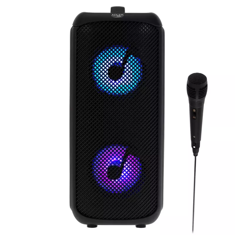 Pārnēsājams skaļrunis Adler AD 1903, 2×5 W, Bluetooth, FM radio, LED, 1500 mAh baterija, AUX, USB, melns