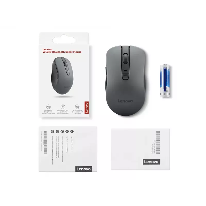 Bezvadu pele piemērota abām rokām Lenovo WL310 Office — Bluetooth, optiskā 1200 DPI, 6 pogas, ritenis, pelēka, darbināms ar baterijām