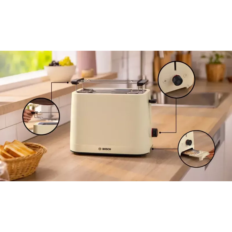 Tosteris Bosch Compact TAT3M127 — 2 šķēlīšu bēša plastmasas korpusa, kompakts dizains