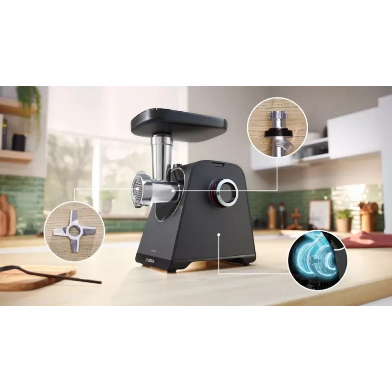 Gaļas maļamā mašīna Bosch MFWS430B — 1900 W, 2 ātrumi, 2,5 kg/min, melns/sudrabains, 4,3 kg