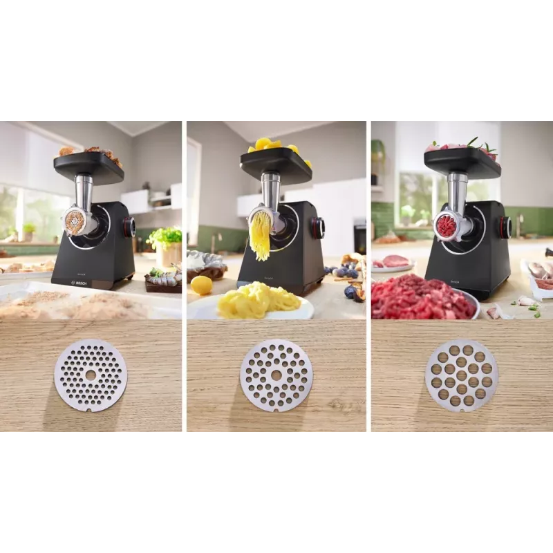Gaļas maļamā mašīna Bosch MFWS430B — 1900 W, 2 ātrumi, 2,5 kg/min, melns/sudrabains, 4,3 kg