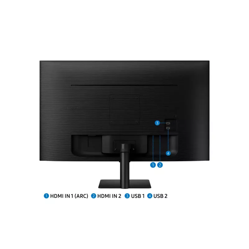 27 collu Samsung M50D monitors — 27 collu Full HD (1920×1080), VA LED, 4 ms, 178° skata leņķis, iebūvēti skaļruņi, USB centrmezgls, VESA, melns