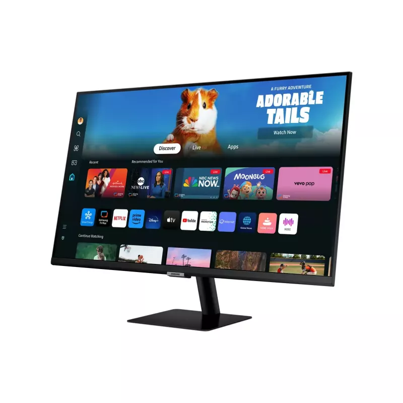 27 collu Samsung M50D monitors — 27 collu Full HD (1920×1080), VA LED, 4 ms, 178° skata leņķis, iebūvēti skaļruņi, USB centrmezgls, VESA, melns