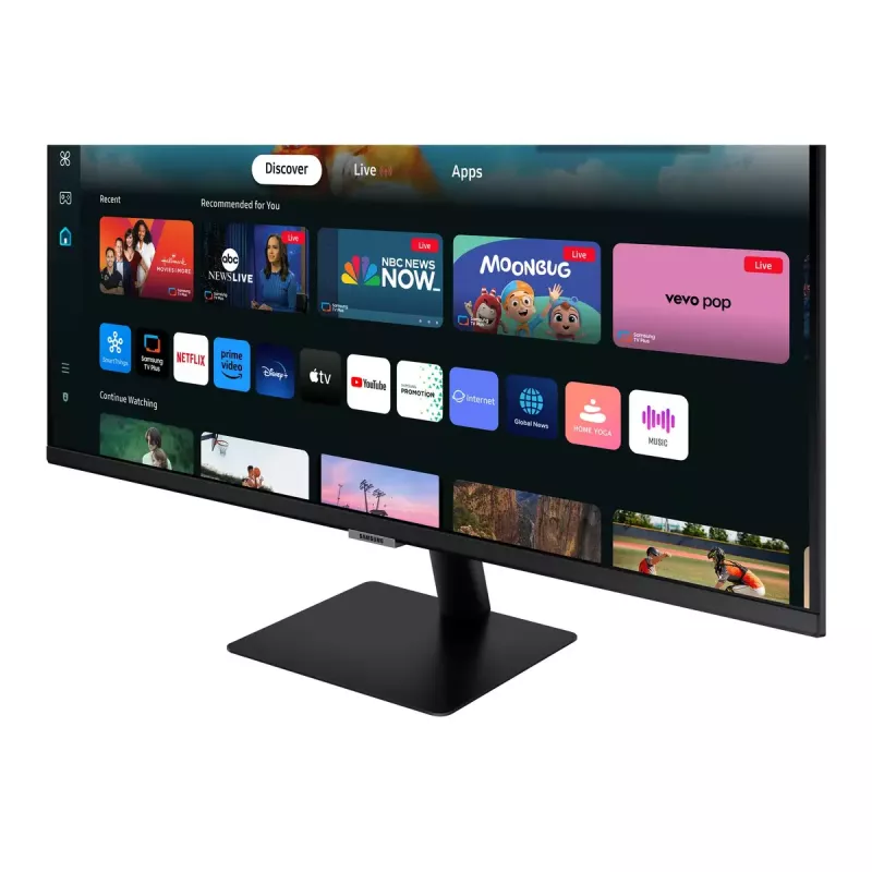 27 collu Samsung M50D monitors — 27 collu Full HD (1920×1080), VA LED, 4 ms, 178° skata leņķis, iebūvēti skaļruņi, USB centrmezgls, VESA, melns
