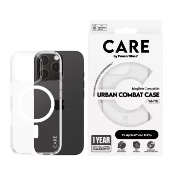 PanzerGlass CARE™ by ® Urban Combat Case caurspīdīgs ar baltu MagSafe iPhone 16 Pro