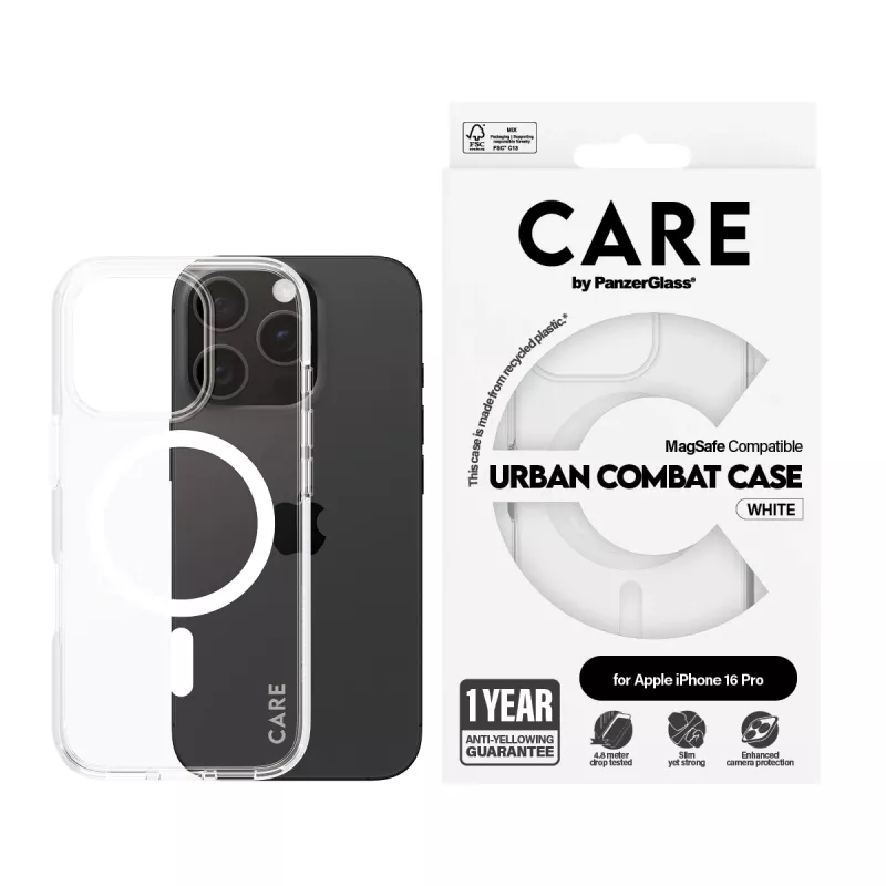 PanzerGlass CARE™ by ® Urban Combat Case caurspīdīgs ar baltu MagSafe iPhone 16 Pro