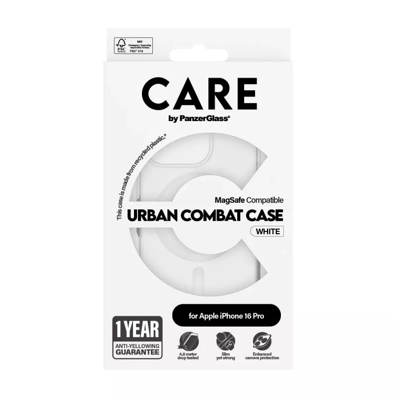 PanzerGlass CARE™ by ® Urban Combat Case caurspīdīgs ar baltu MagSafe iPhone 16 Pro
