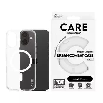 PanzerGlass CARE™ by ® Urban Combat Case Caurspīdīgs ar Baltu MagSafe iPhone 16